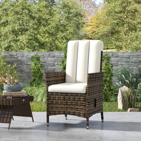 Outsunny Rattan Garden Recliner Chair, Wicker Reclining Armchair with Adjustable Backrest and Cushion, Outdoor Lounge Sun Lounger with Armrests for Patio Balcony Porch, Cream White