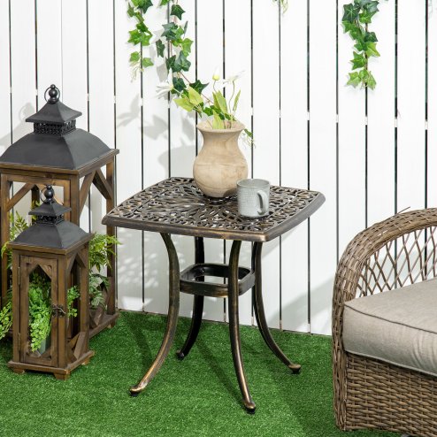 Outsunny Outdoor Garden Table with 38mm Dia. Umbrella Hole, Cast Aluminium Patio End Table with Anti-slip Foot Pads for Garden, Patio, Balcony, 54 x 54cm, Bronze Tone