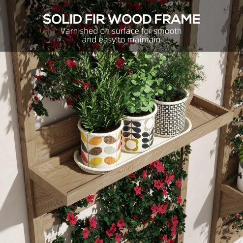Outsunny Set of 2 Wall Mounted Plant Stand with Trellis, 170cm Wooden Plant Rack with Hanging Planter Shelves and Slatted Trellis for Climbing Plants, for Patio, Balcony, Porch, Natural