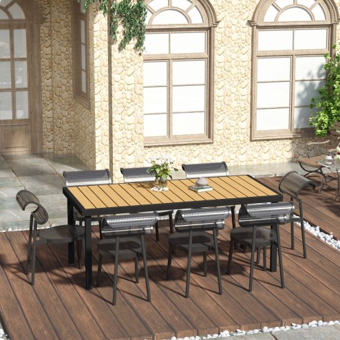 Outsunny Garden Table for 8 People, Rectangular Aluminium Outdoor Dining Table with All-Weather Faux Wood Top for Garden, Patio, 190 x 90 x 74 cm, Natural