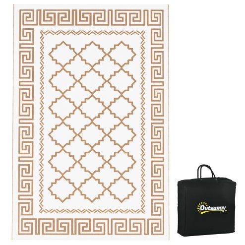 Outsunny Reversible Outdoor Rug with Carry Bag, Waterproof Plastic Straw Mat for Garden, Deck, RV, Picnic, Beach, Camping, 182 x 274cm, Brown and Cream