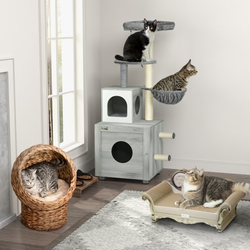 PawHut Wicker Cat House, Raised Cat Bed with Cylindrical Base, Soft Washable Cushion, Woven Water Hyacinth Cat Basket for Indoor and Outdoor, 42 x 33 x 52 cm - Brown