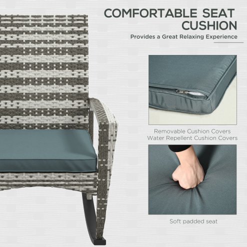 Outsunny PE Rattan Garden Rocking Chair, Outdoor Rocking with Cushion, 160 KG Capacity Wicker Garden Armchair Rocker with Metal Frame for Patio, Porch, Balcony, Light Grey
