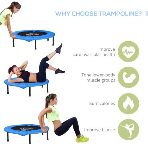 HOMCOM 96cm Mini Fitness Trampoline Home Gym Yoga Exercise Rebounder Indoor Outdoor Jumper with Safety Pad, Support Up to 100 KG, Blue and Black