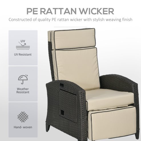 Outsunny Garden Recliner with Cushion, PE Wicker Outdoor Recliner Chair with Adjustable Backrest & Footrest, Rattan Recliner Chair with Armrests and Side Tray for Balcony, Porch, Khaki/Brown