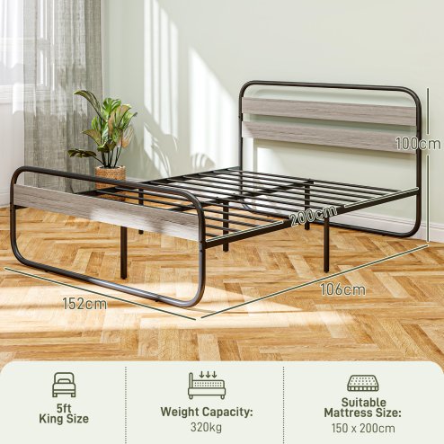 HOMCOM 5ft King Size Bed Frame, Industrial Style Metal Platform Bed Frame with Under Bed Storage, No Box Spring Needed, Easy Assembly, Grey