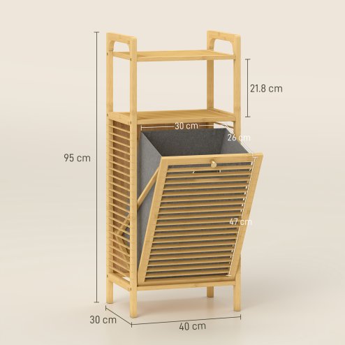 HOMCOM Bamboo Laundry Cabinet with Slatted Door, Bathroom Cabinet with Tilt-Out Hamper and Removable Liner Bag, 40 x 30D x 95 cm, Natural Wood Finish