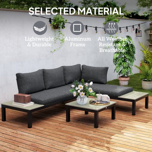 Outsunny 3 Pieces Garden Furniture Set, Aluminium 4 Seater Corner Sofa Set with 2 Loveseats, Coffee Table and Side Trays, Outdoor Conversation Furniture with Cushions for Garden, Dark Grey