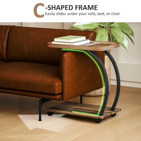 HOMCOM C Shaped Side Table with Storage, Mobile 2-Tier Bedside Table with Tray Top, Wheels, Steel Frame for Living Room, Bedroom, Brown