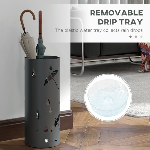 HOMCOM Steel Umbrella Stand, Round Umbrella Holder with 4 Hooks and Removable Drip Tray, Hollowed Umbrella Basket for Hallway, Dark Grey