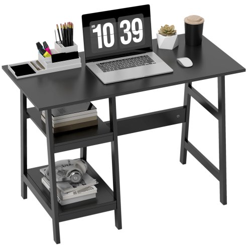 HOMCOM Compact Computer Desk with Storage Shelves, Study Table with Bookshelf, PC Table Workstation for Home Office, Study, Easy Assembly