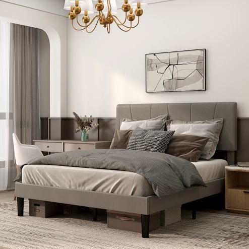 HOMCOM King Bed Frame with 5-Level Adjustable Velvet Upholstered Headboard, Wooden Slats Mattress Foundation, No Box Spring Needed, Grey