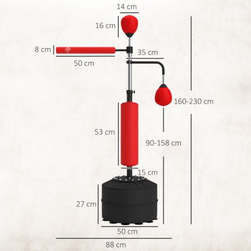 HOMCOM 4-in-1 Boxing Punching Bag Free Standing with 2 Speed Balls, 360 Degree Relax Bar, PU-Wrapped Boxing Bag and Fillable Base, 160-230cm Adjustable Height, Red