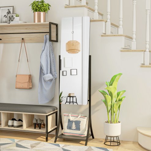 HOMCOM Full Length Mirror, Free Standing Floor Mirror, Full Body Mirror with Adjustable Angle and Storage Shelf for Living Room, Bedroom, Hallway, 108 x 37cm, Black