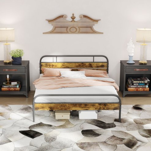 HOMCOM 5ft King Size Bed Frame with Headboard, Platform Bed Frame with Underbed Storage, Slat Support, No Box Spring Needed, Easy Assembly, Rustic Brown