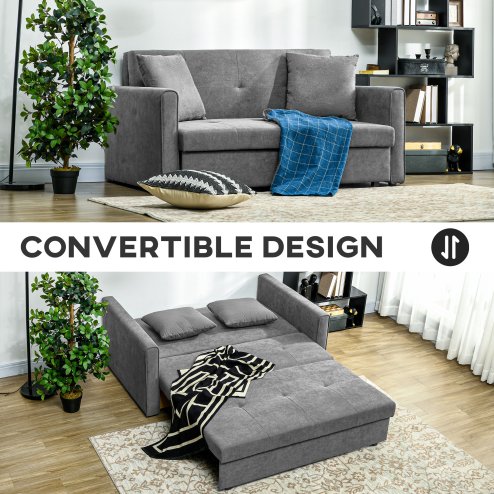 HOMCOM 2 Seater Sofa Bed, Convertible Bed Settee, Modern Cotton Loveseat Sofa Couch with 2 Cushions, Hidden Storage for Living Room, Guest Room, Light Grey