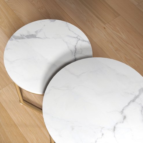 HOMCOM Nesting Coffee Table Set of 2, Modern Nest of Tables, Round Sofa Side Tables with Metal Frame for Living Room, Bedroom, Small Space, Gold Tone