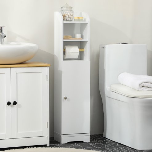 kleankin Slim Bathroom Storage Cabinet with 2 Open Shelves and Toilet Paper Roll Holder, Freestanding Bathroom Storage Unit with Adjustable Shelf, 23 x 18 x 100 cm, White