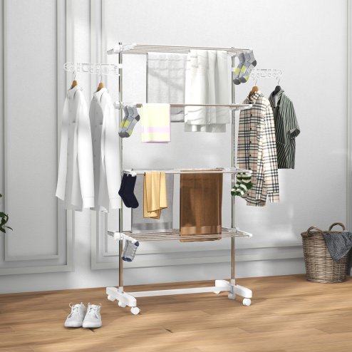 HOMCOM 4-Tier Clothes Airer, Stainless Steel Foldable Clothes Drying Rack with Wheels and Wings, Indoor and Outdoor, Easy Assembly, 142 x 55 x 172cm