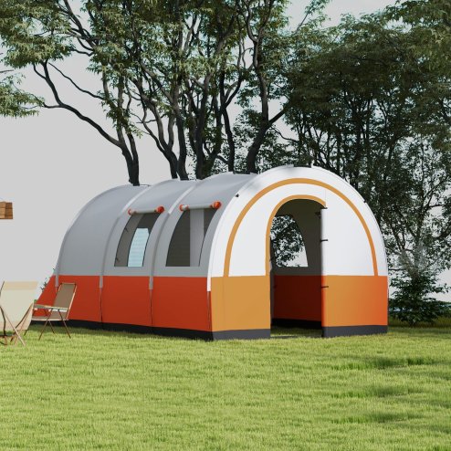 Outsunny 5-6 Man Camping Tent, 3000mm Waterproof Tunnel Family Tent Shelter with Bedroom and Adjustable Living Room, Easy Setup with Carry Bag, Cream and Orange