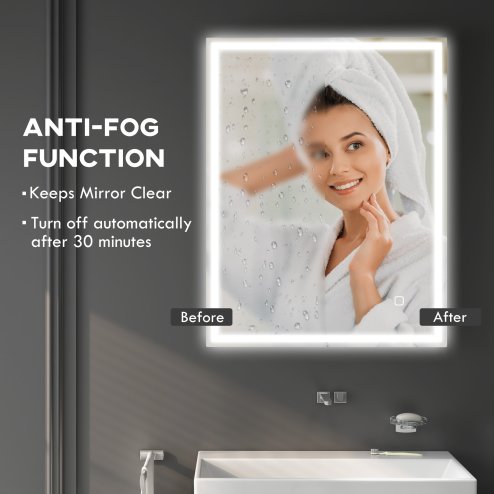 HOMCOM Bathroom Mirror with LED Lights, Illuminated Makeup Mirror with 3 Colours, Defogging Film and Memory Function, Hardwired, Horizontal or Vertical, 90 x 70cm