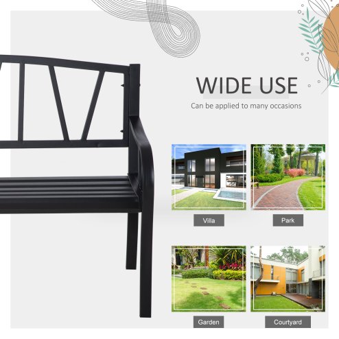 Outsunny 2-Seater Garden Bench Solid Metal Loveseat Outdoor Furniture for Patio Family Chair w/ Decorative Backrest Ergonomic Armrest