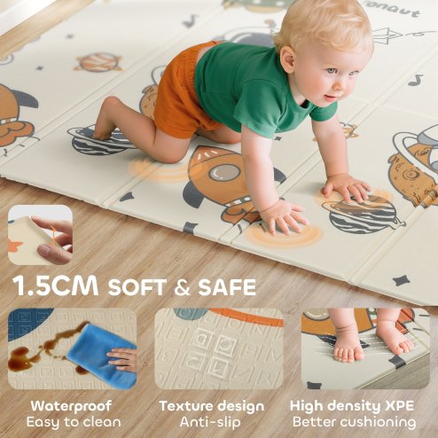 AIYAPLAY Baby Play Mat Double Sided, Foldable & Reversible Activity Playmat, Waterproof Kids Foam Crawling Mat for Outdoor Indoor Playtime Picnics, 177 x 146 x 1.5cm, Astronaut & Planet Theme