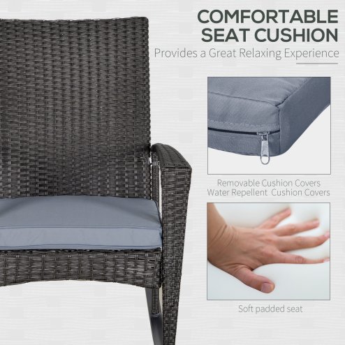 Outsunny PE Rattan Garden Rocking Chair, Outdoor Rocking with Cushion, 160 KG Capacity Wicker Garden Armchair Rocker with Metal Frame for Patio, Porch, Balcony, Grey