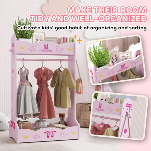 AIYAPLAY Wooden Kids Clothes Rail, Dress Up Rail with Top, Bottom Storage Shelves, for 3 Years+, 70 x 37 x 103cm, Pink