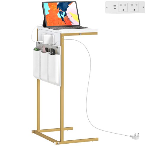 HOMCOM C-Shaped Bedside Table with Charging Station, Marble Grain Side Table with Power Outlets & USB Ports, Storage Bags, for Bedroom, Living Room, White