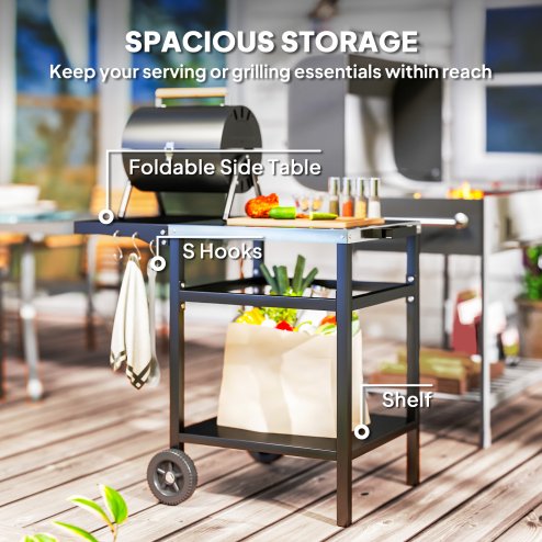 Outsunny BBQ Trolley with Stainless Steel Top and Foldable Side Table, Outdoor Kitchen BBQ Station with Hooks and Shelf, Pizza Oven Table Movable Outdoor Grill Dining Cart with Cover, Black