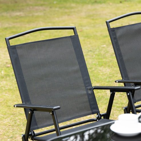 Outsunny 8 Pieces Metal Garden Furniture Set with Parasol and Folding Chairs, Garden Dining Set, 6 Seater Outdoor Table and Chairs with Tempered Glass Top, Black