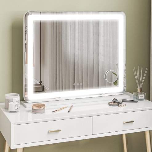HOMCOM Vanity Mirror with Lights, Large Lighted Makeup Mirror with 3 Colour Lighting Modes, 10X Magnifying, USB Charging Port, Touch Screen, Tabletop or Wall Mounted Design for Bedroom, White