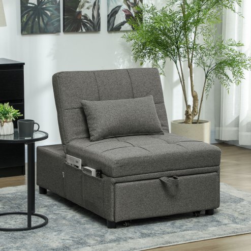 HOMCOM 4-in-1 Sofa Bed, Convertible Sleeper Chair Bed with Adjustable Backrest, Fabric Pull Out Chaise Lounge with Pockets for Living Room, Bedroom, Home Office, Small Space, Charcoal Grey