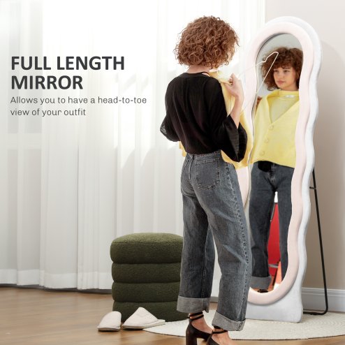 HOMCOM Irregular Wavy Mirror Full Length, 160 x 50cm Free Standing, Leaning or Wall Mirror with Velvet Wrapped Frame and Arched Top for Living Room, Bedroom, White and Pink