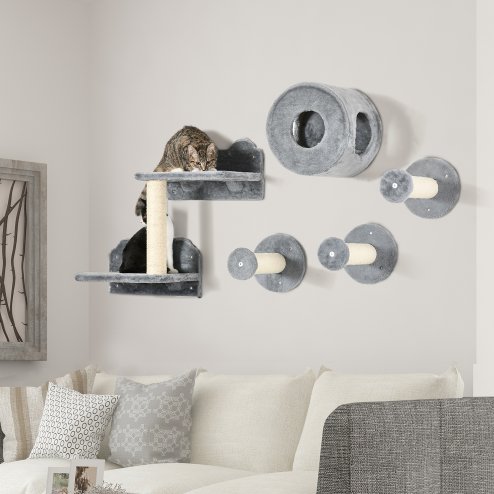 PawHut 5Pcs Cat Wall Furniture with Perch, Cat House, Scratching Post, Wall-Mounted Cat Tree for Indoor Cats - Grey