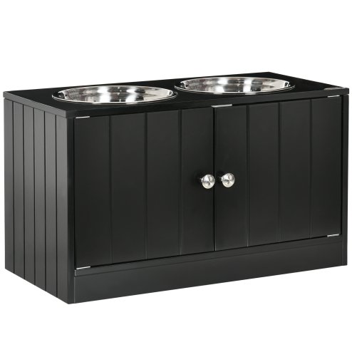 PawHut Raised Dog Bowls for Large Dogs Pet Feeding Station w/ Stand, Storage, Two Stainless Steel Bowls - Black