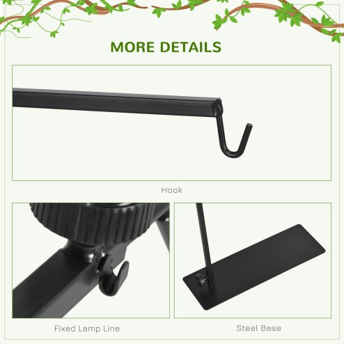 PawHut Reptile Lamp Stand, Adjustable Height and Width Heat Lamp for Reptile Amphibian Terrariums, Light Stand with Hook Hanging Steel Base, 86-129Hcm, 42-50Wcm - Black