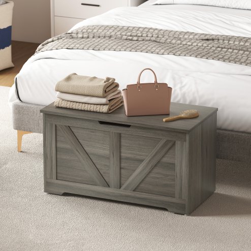 HOMCOM 100L Storage Chest, Storage Trunk with 2 Safety Hinges and U-shaped Cut-out Pull, Organiser Box for Living Room, Entryway, 80 x 40 x 45 cm, Charcoal Grey