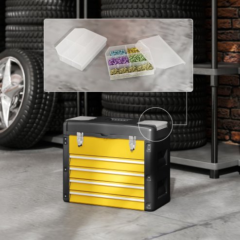 HOMCOM 4 Drawers Large Tool Box, Powder Coated Steel Toolbox with Top Tray, Mini Parts Boxes, Ball Bearing Runners, Handle, Heavy Duty Tool Chest for Workshop, Garage, 497mm x 253mm x 407mm, Yellow