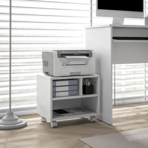 HOMCOM 2-Tier Printer Stand with Storage, Under Desk Printer Cart on Wheels with 3 Compartments, Desktop Printer Table for Home Office, White