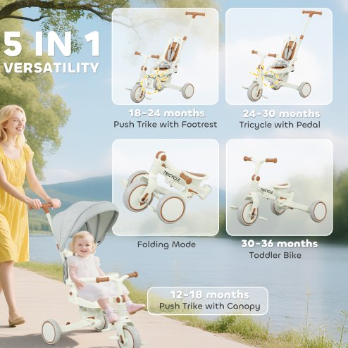 AIYAPLAY Kids Trike, Foldable Toddler Tricycle 5 in 1 with Adjustable Parent Handle & Removable Canopy, 5-point Safety Harness, Footrest, Storage Bag, for Ages 1-3 Years, Cream White
