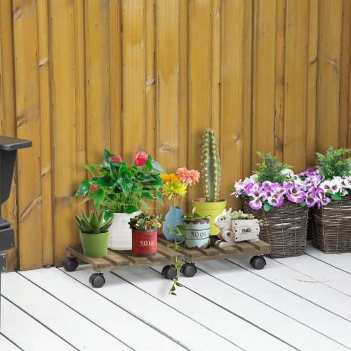Outsunny 30L x 30W x 7Hcm 2 Pack Plant Stand with Wheels, Flowerpot Holder, Wooden Flower Display Stand for Indoor Outdoor Living Room Entryway