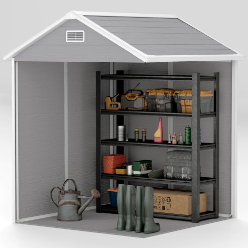 Outsunny 6 x 5ft Garden Shed, Plastic Shed with Floor, Window, Lockable Doors and Vents, Wood Effect Resin Tool Shed for Outdoor Patio, Dark Grey