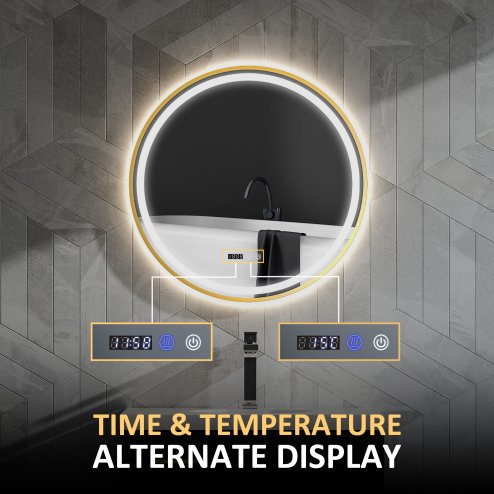 HOMCOM 600mm Round Bathroom Mirror with LED Lights, Wall Mounted Backlit Illuminated Bathroom Mirror with Demister, 3 Colours Dimmable, Memory Function, Touch Switch, Time and Temp Display, Gold Tone