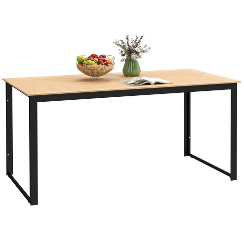 Outsunny Garden Table for 6 People, 160 x 80 x 75 cm Rectangle Outdoor Dining Table with Slatted Top, Metal Frame, for Balcony, Deck, Teak