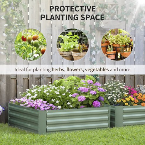 Outsunny Set of 2 291L Raised Garden Bed, Elevated Planter Box with Galvanised Steel Frame for Growing Flowers, Herbs, 100 x 100 x 30 cm, Green