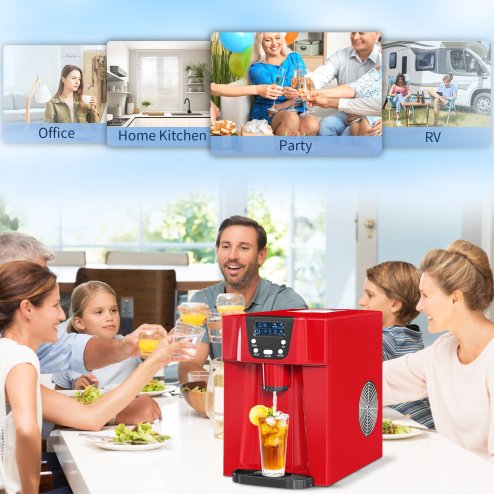 HOMCOM 3L Ice Maker Machine and Water Dispenser, 12kg in 24H, 2 Size Options 9 Ice Cubes Ready in 6-10 Mins Countertop Ice Machine for Home, Kitchen, Office, Bar, Red