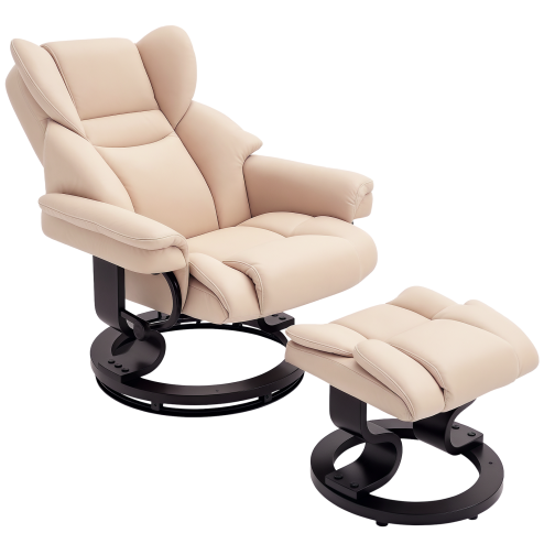 HOMCOM Faux Leather Recliner Chair and Footstool, Swivel Upholstered Armchair and Footstool with Adjustable Backrest, Solid Wood Base for Living Room, Cream