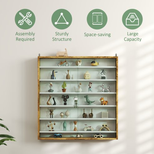 HOMCOM 7-Tier Wall Mounted Display Cabinet, Display Case with 6 Adjustable Shelves, Glass Doors for Home Office Ornaments 83x80cm, Rustic Brown
